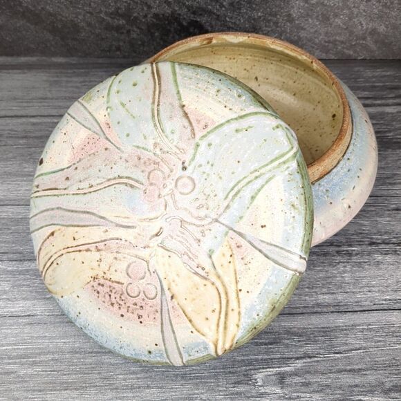 Vintage Artist Signed Pottery Large Stoneware Bowl w Lid Abstract Pastel Glaze - Picture 10 of 14